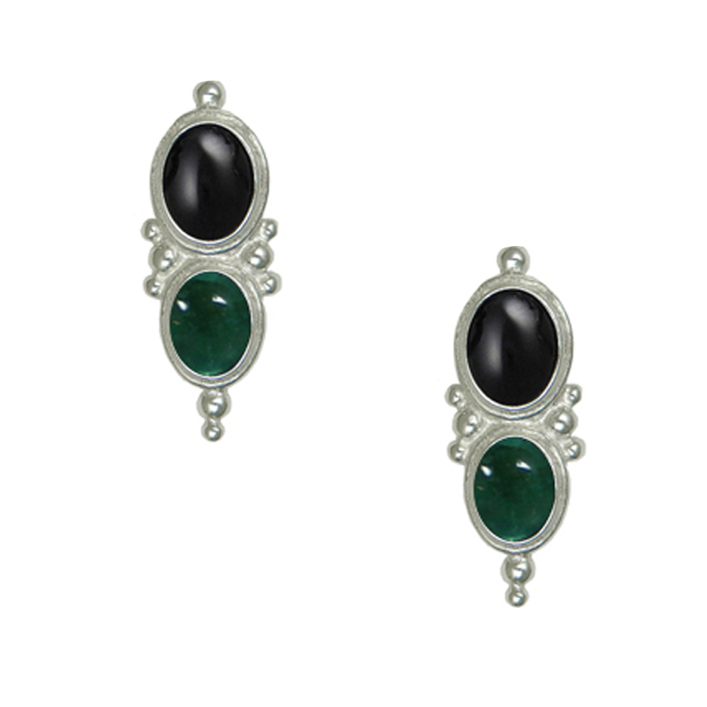 Sterling Silver Drop Dangle Earrings With Black Onyx And Fluorite